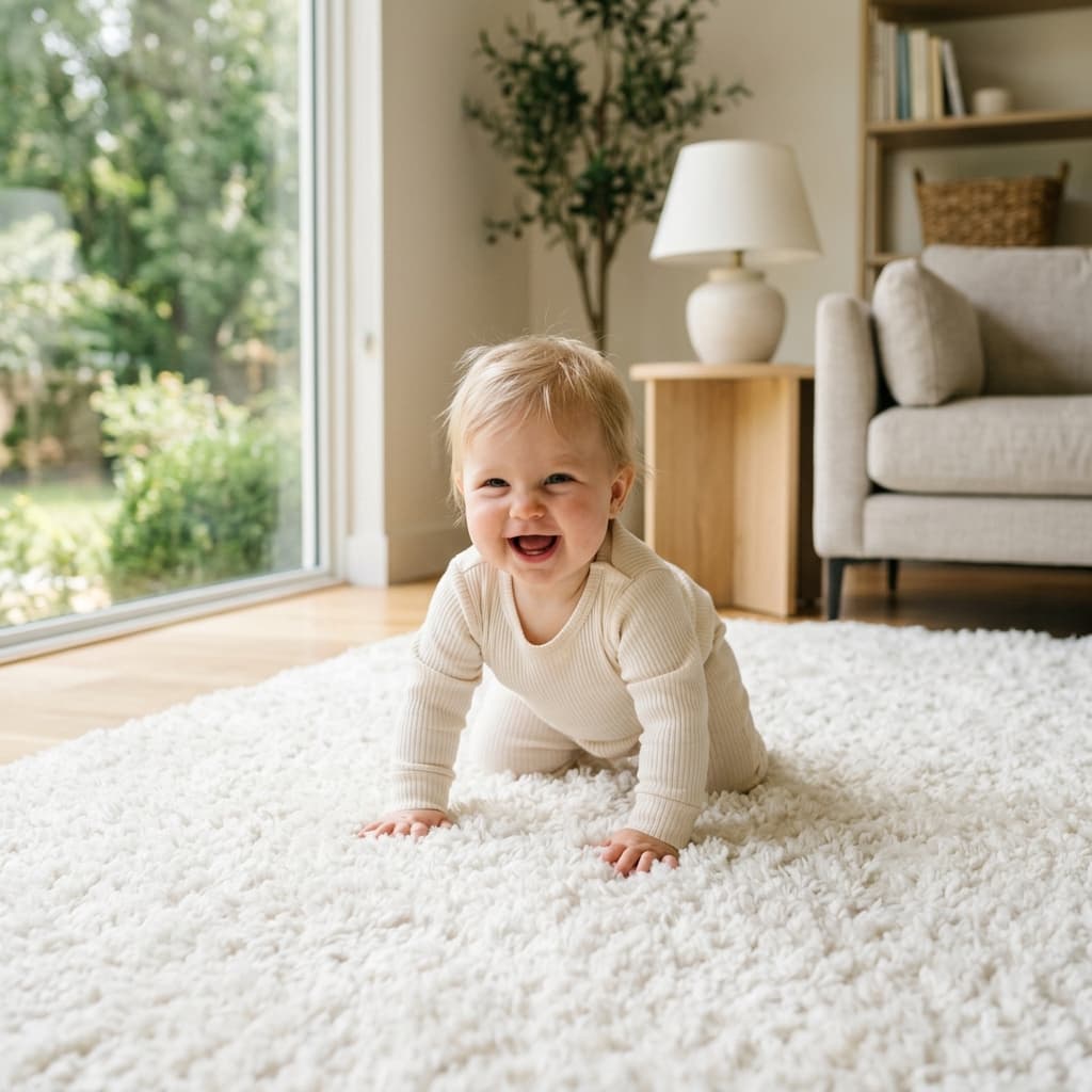 Bebê brincando em ambiente seguro e higienizado